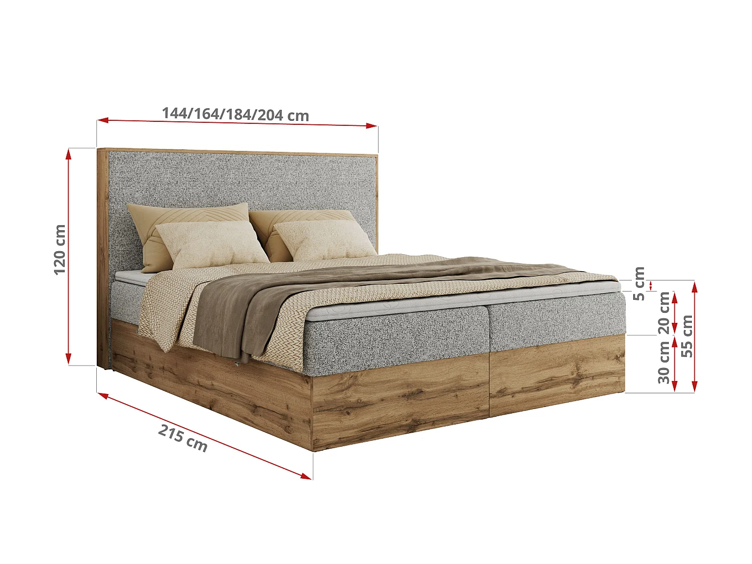 Lit boxspring - Dureté H4 + Topper T25 - Gris clair Tissu texturé - 180x200 - WOOD CLASSIC