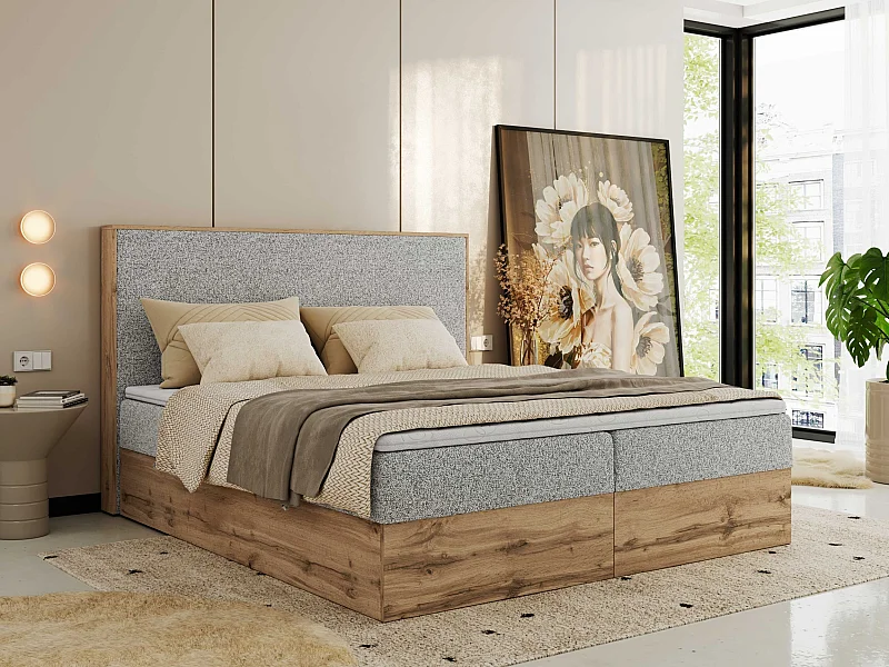 Boxspringbett WOOD CLASSIC - Doppelbett für Schlafzimmer, Set mit Multipocket-Matratze, Holzrahmen - 180x200 cm - H4 - Hellgrau Strukture