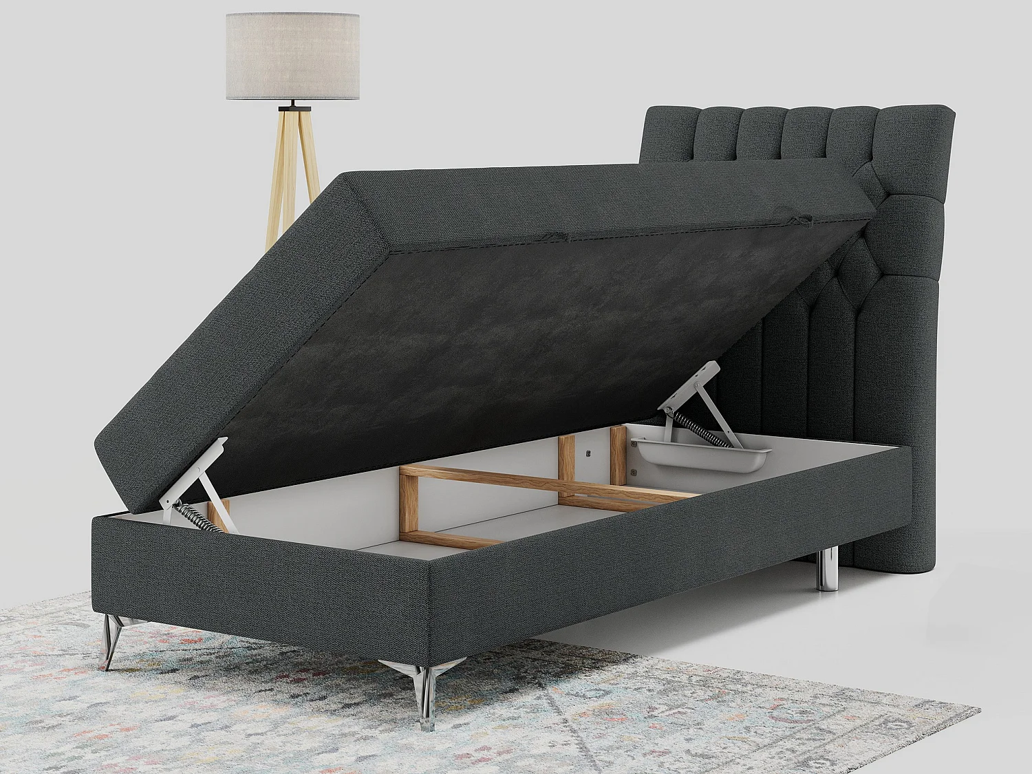 Boxspringbett MILEN - Polsterbett auf Metallbeine, Set mit Multipocket-Matratze, Gesteppte Kopfstütze - 90x200 cm - H4 - Dunkelgrau Strukture - Rechts Seite