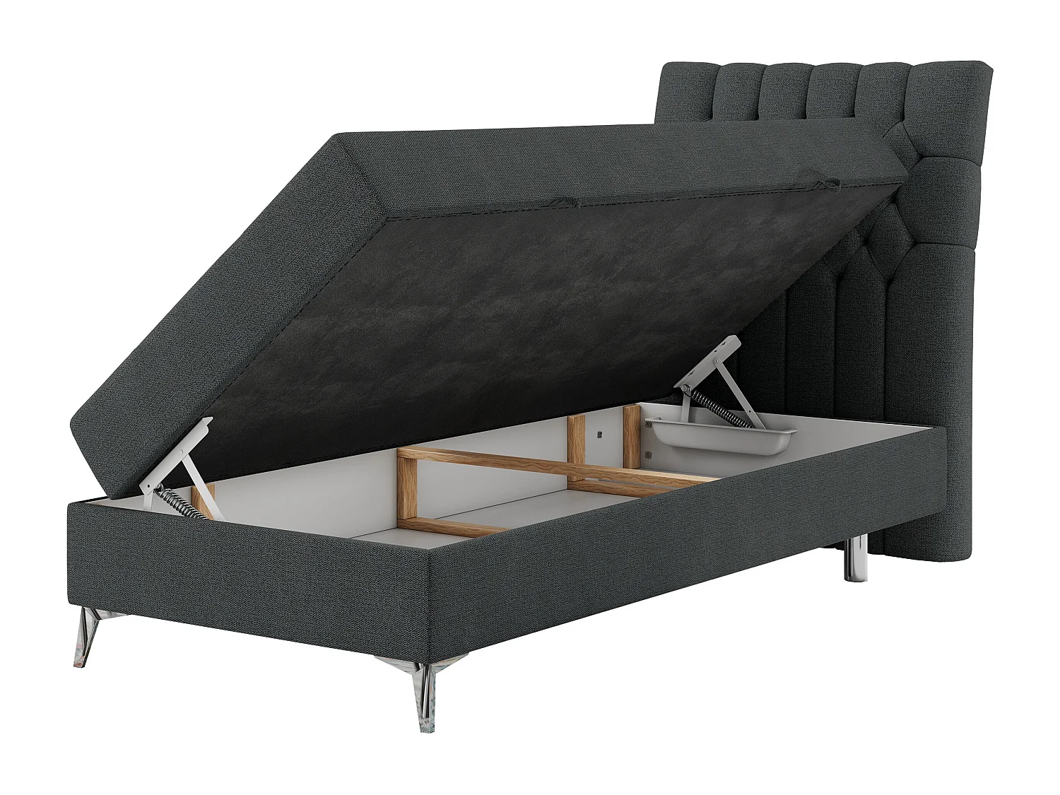 Boxspringbett MILEN - Polsterbett auf Metallbeine, Set mit Multipocket-Matratze, Gesteppte Kopfstütze - 90x200 cm - H4 - Dunkelgrau Strukture - Rechts Seite