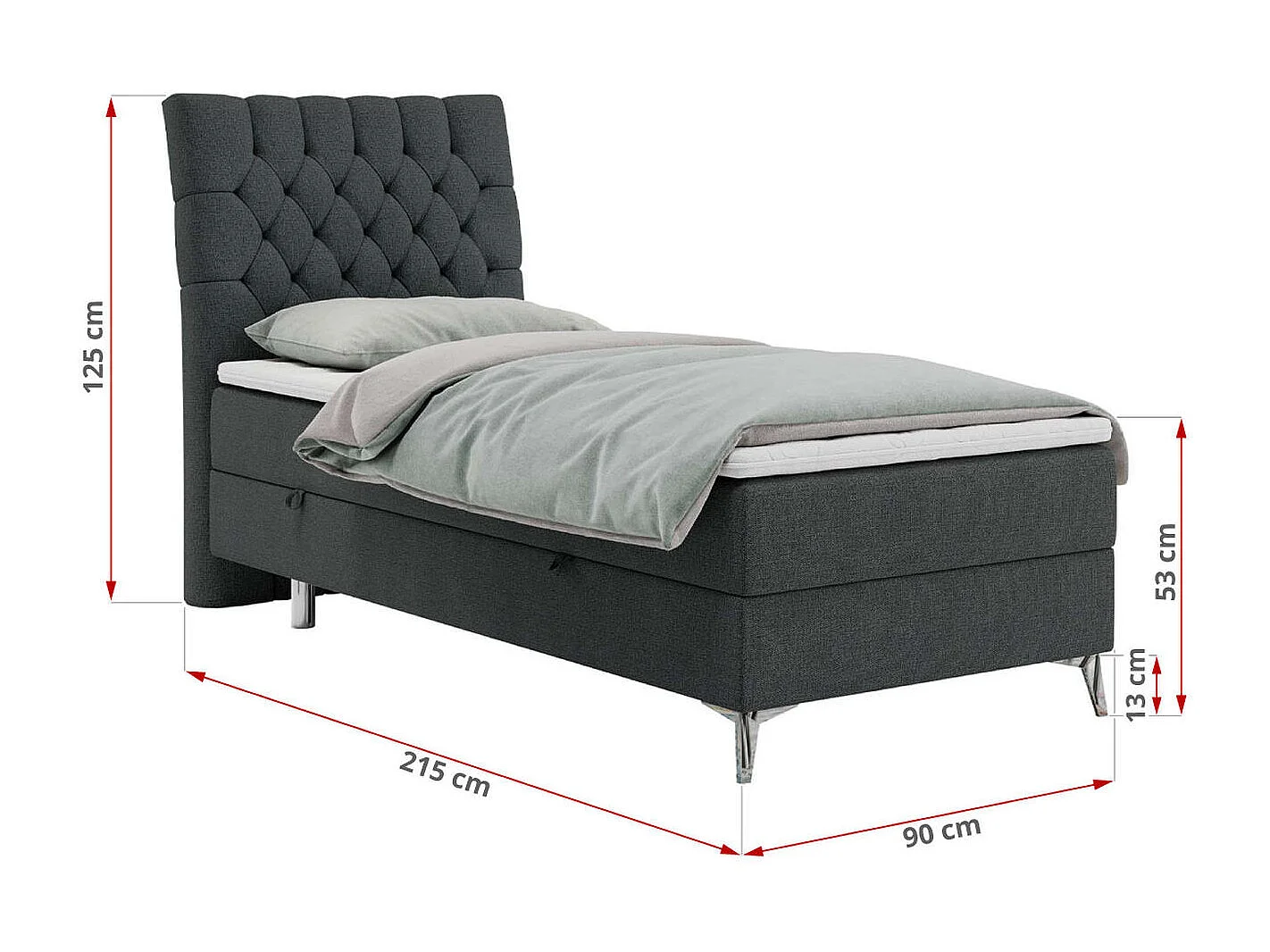 Boxspringbett MILEN - Polsterbett auf Metallbeine, Set mit Multipocket-Matratze, Gesteppte Kopfstütze - 90x200 cm - H4 - Dunkelgrau Strukture - Rechts Seite