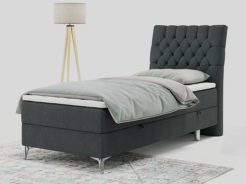 Boxspringbett MILEN - Polsterbett auf Metallbeine, Set mit Multipocket-Matratze, Gesteppte Kopfstütze - 90x200 cm - H4 - Dunkelgrau Strukture - Rechts Seite