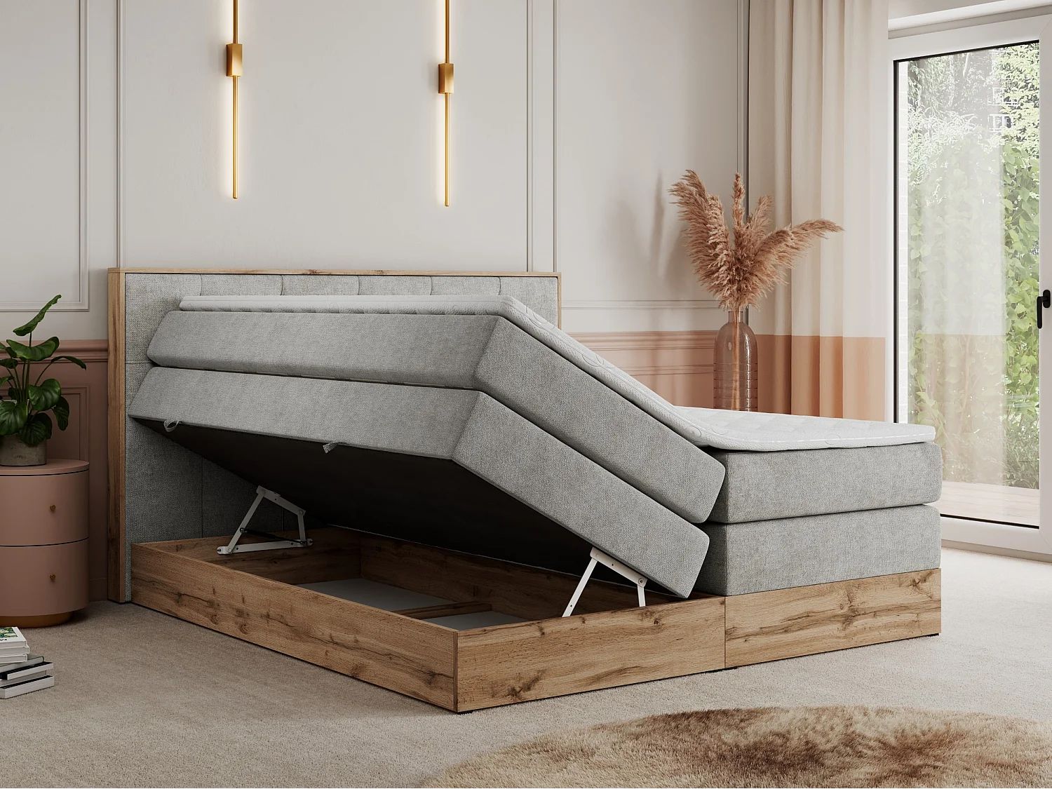 Boxspringbett VENETO KING - Polsterbett mit Multipocket-Matratzen und Kopfteil, Holzrahmen, zwei Bettkästen - 160x200 cm - H4 - Hellgrau Strukture