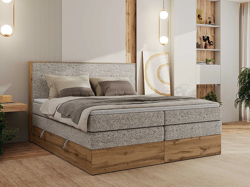 Boxspringbett WOOD CLASSIC KING - Polsterbett mit hohe Kopfteil, zwei Multipocket-Matratze, Bettkästen - 200x200 cm - H3 - Beige Strukture