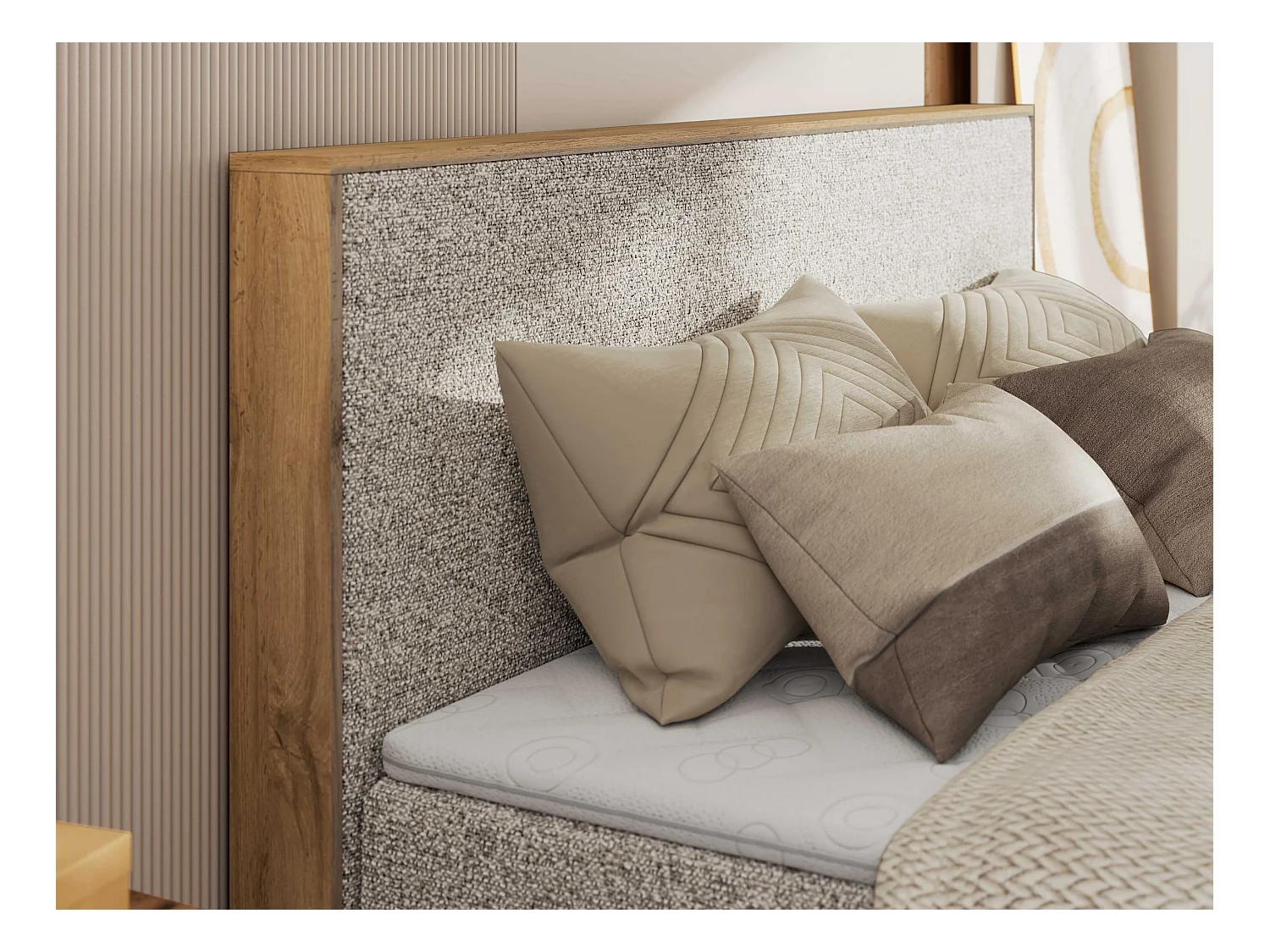 Boxspringbett WOOD CLASSIC KING - Polsterbett mit hohe Kopfteil, zwei Multipocket-Matratze, Bettkästen - 200x200 cm - H3 - Beige Strukture