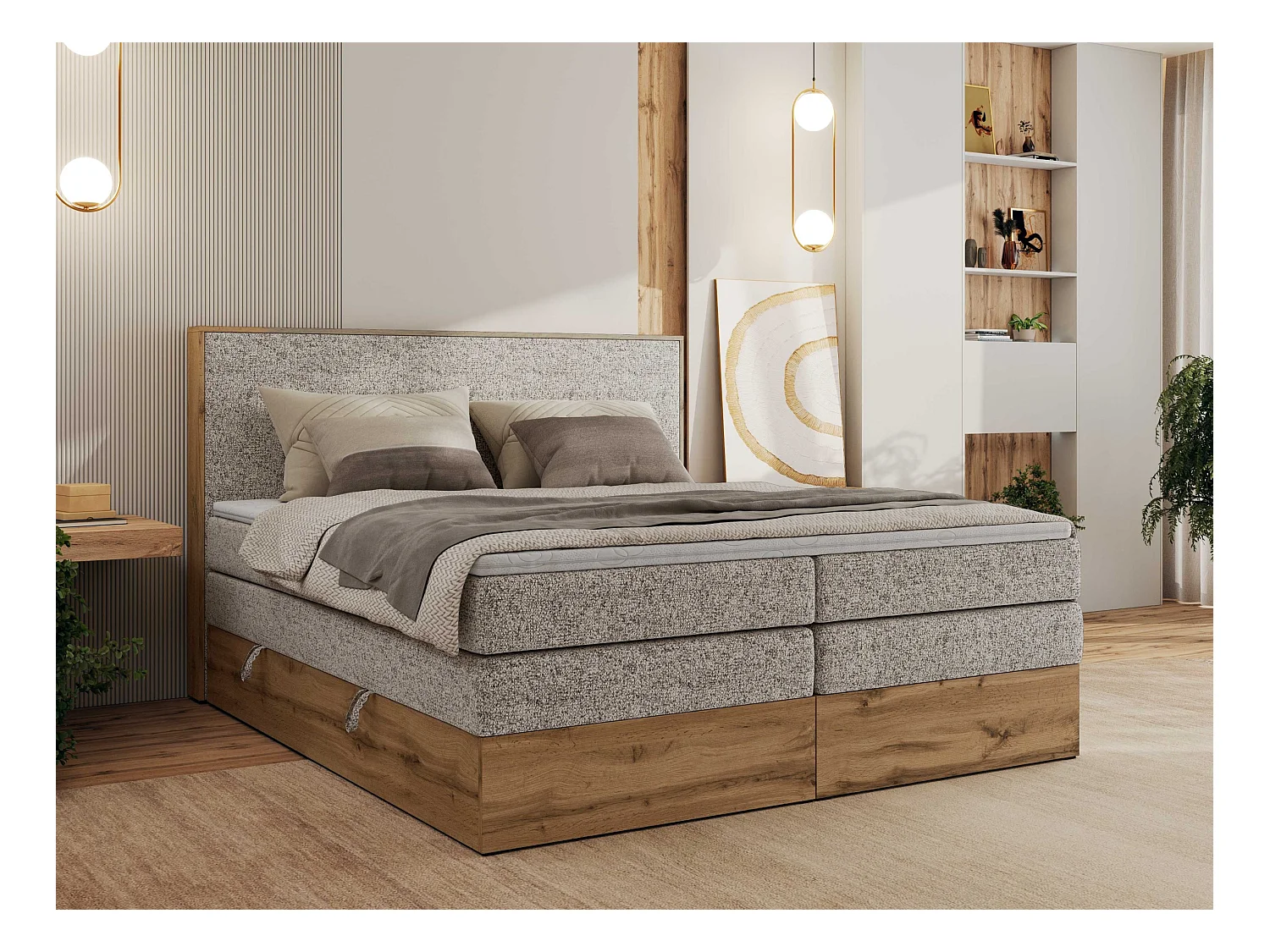 Boxspringbett WOOD CLASSIC KING - Polsterbett mit hohe Kopfteil, zwei Multipocket-Matratze, Bettkästen - 200x200 cm - H3 - Beige Strukture