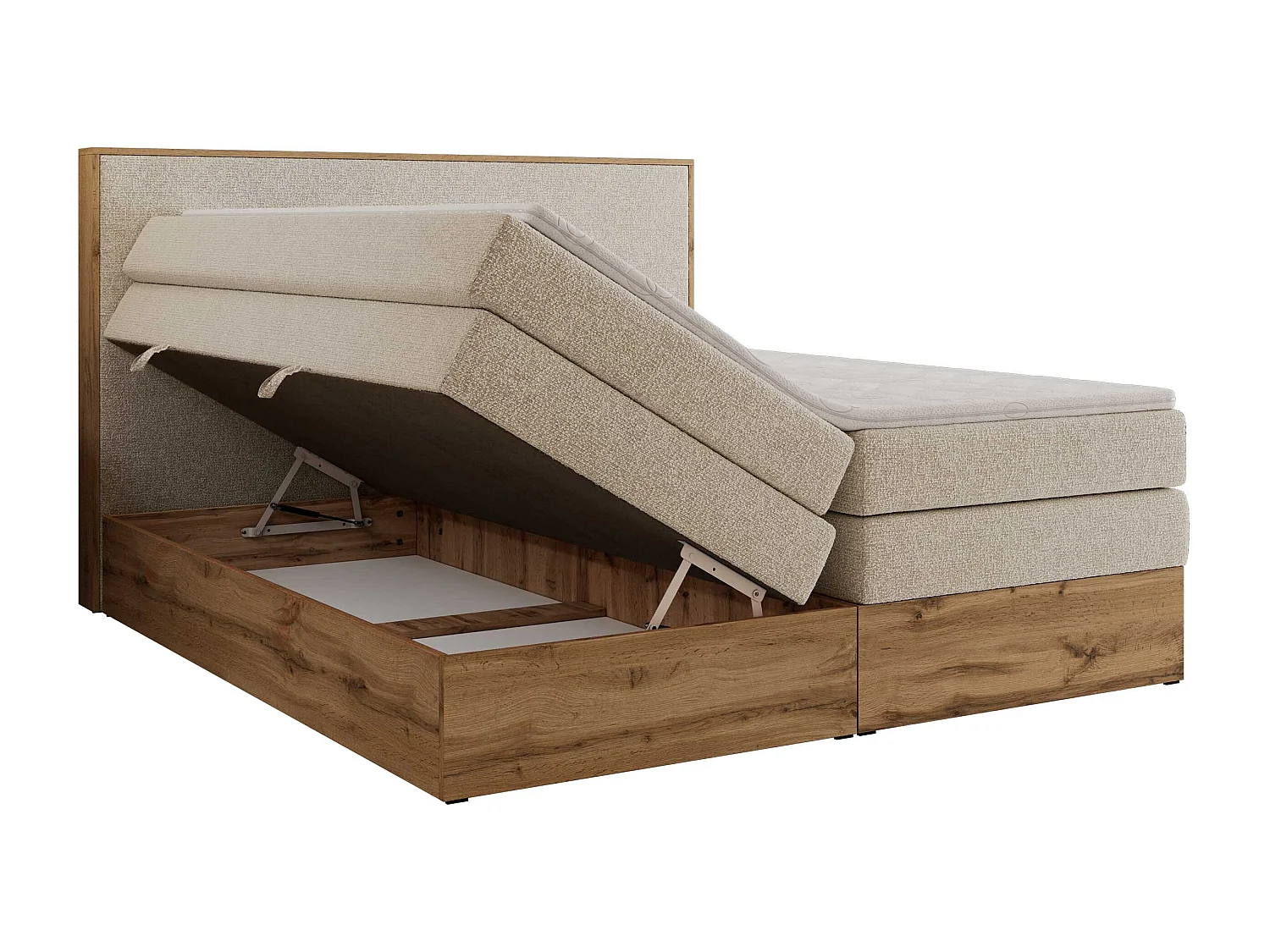 Boxspringbett WOOD CLASSIC KING - Polsterbett mit hohe Kopfteil, zwei Multipocket-Matratze, Bettkästen - 160x200 cm - H3 - Creme Strukture
