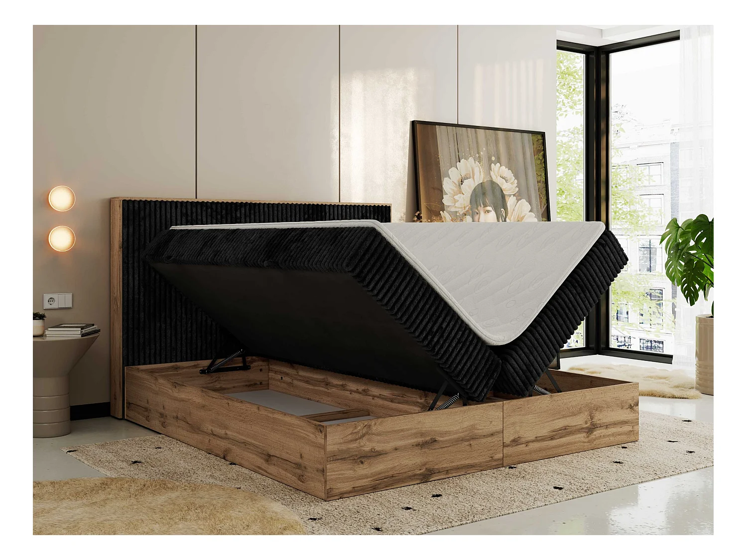 Boxspringbett WOOD CLASSIC - Doppelbett für Schlafzimmer, Set mit Multipocket-Matratze, Holzrahmen - 140x200 cm - H3 - Schwarz Cord