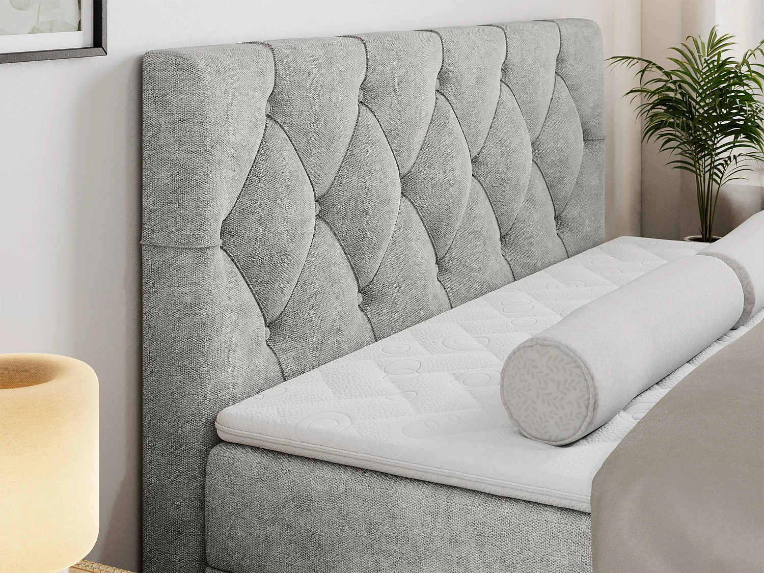 Boxspringbett ALDA - Doppelbett mit gestepptem Kopfteil, Multipocket-Matratze und Topper, zwei Bettkästen - 200x200 cm - H3 - Hellgrau Strukture