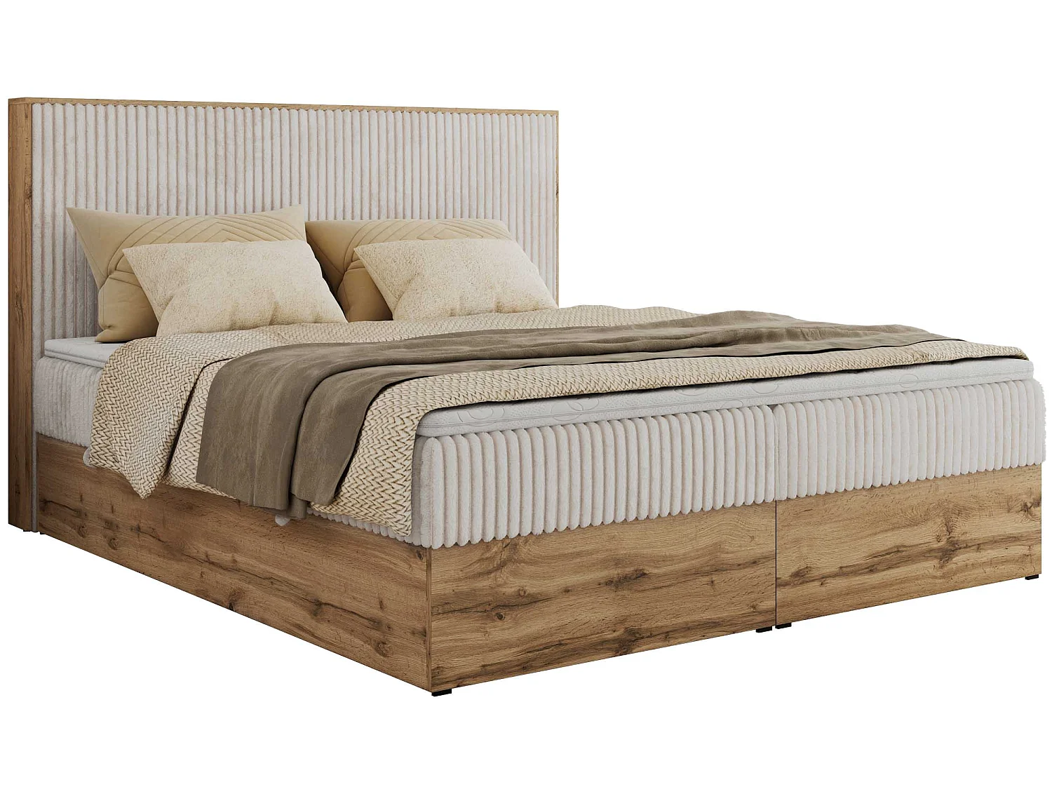 Lit boxspring - Dureté H4 + Topper T25 - Beige Velours côtelé - 200x200 - WOOD CLASSIC