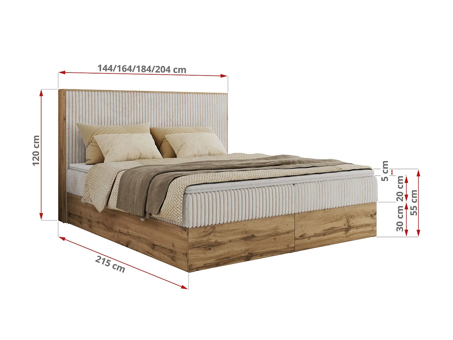 Lit boxspring - Dureté H4 + Topper T25 - Beige Velours côtelé - 200x200 - WOOD CLASSIC