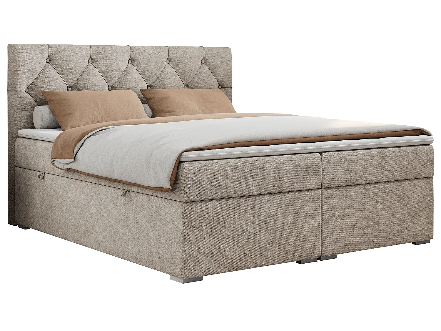 Lit boxspring avec 2 coffres - 2 matelas fermes + surmatelas mousse - Grège Tissu texturé - 200x200 - ROMA
