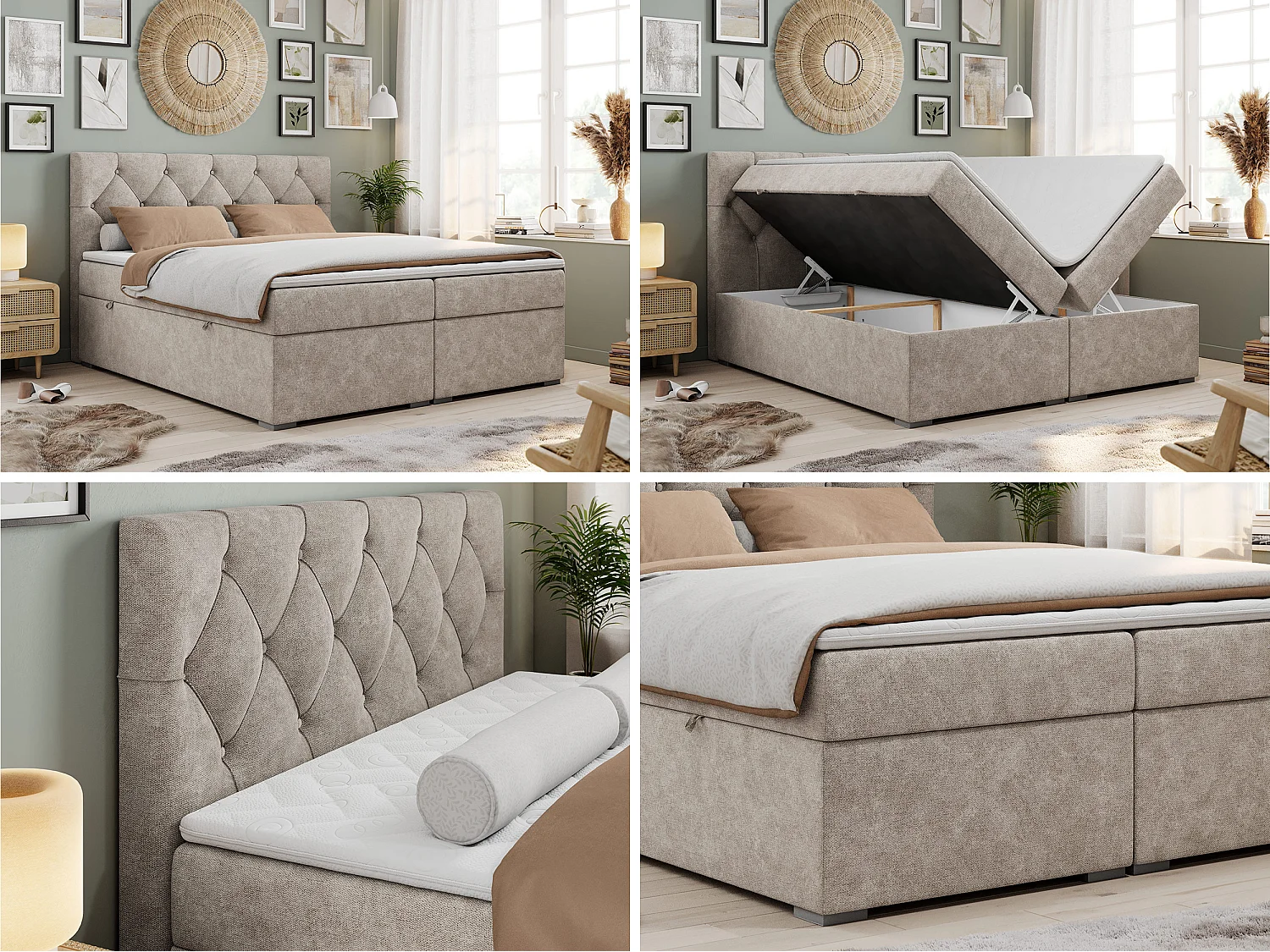 Lit boxspring avec 2 coffres - 2 matelas fermes + surmatelas mousse - Grège Tissu texturé - 200x200 - ROMA
