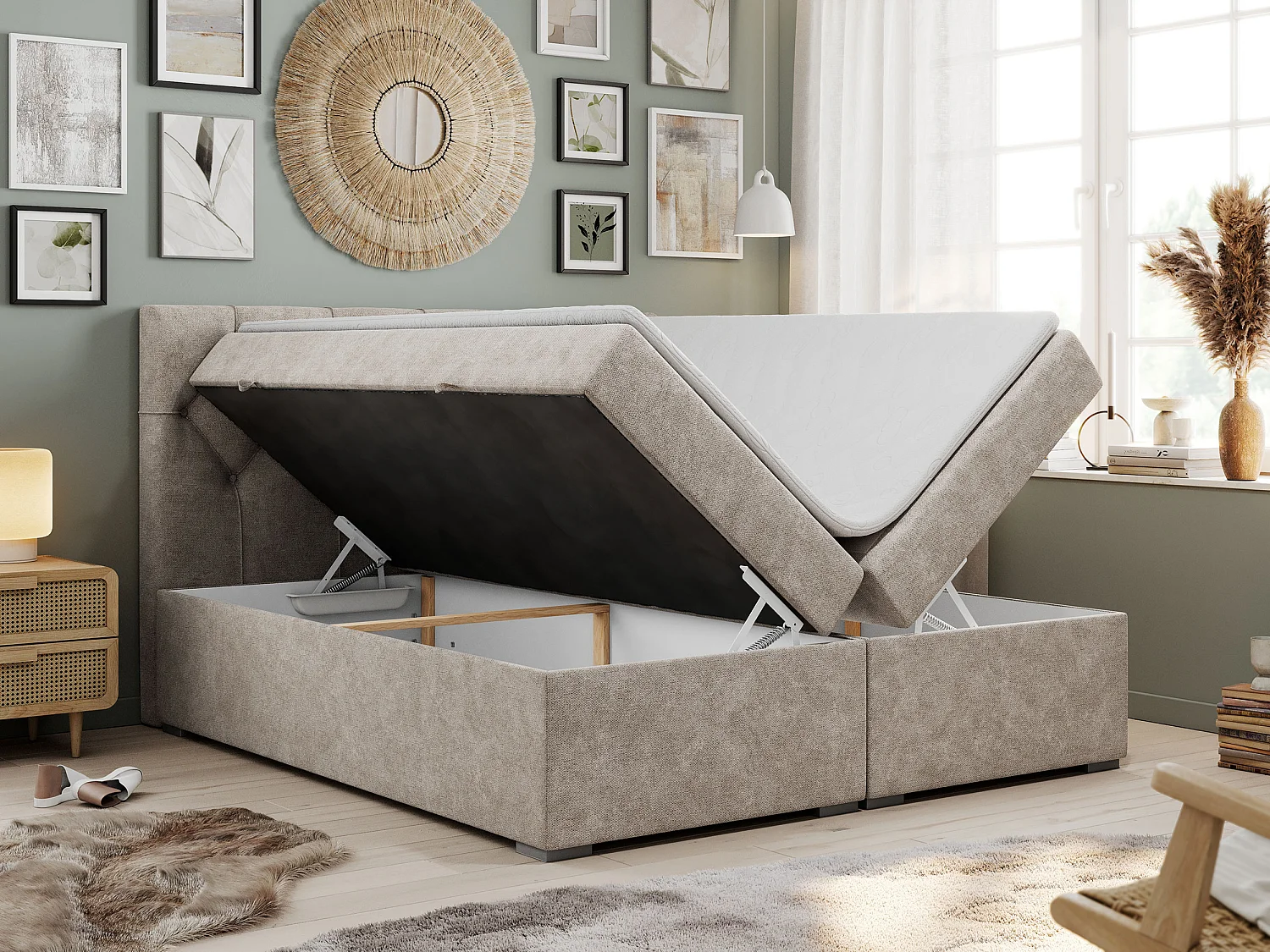 Lit boxspring avec 2 coffres - 2 matelas fermes + surmatelas mousse - Grège Tissu texturé - 200x200 - ROMA