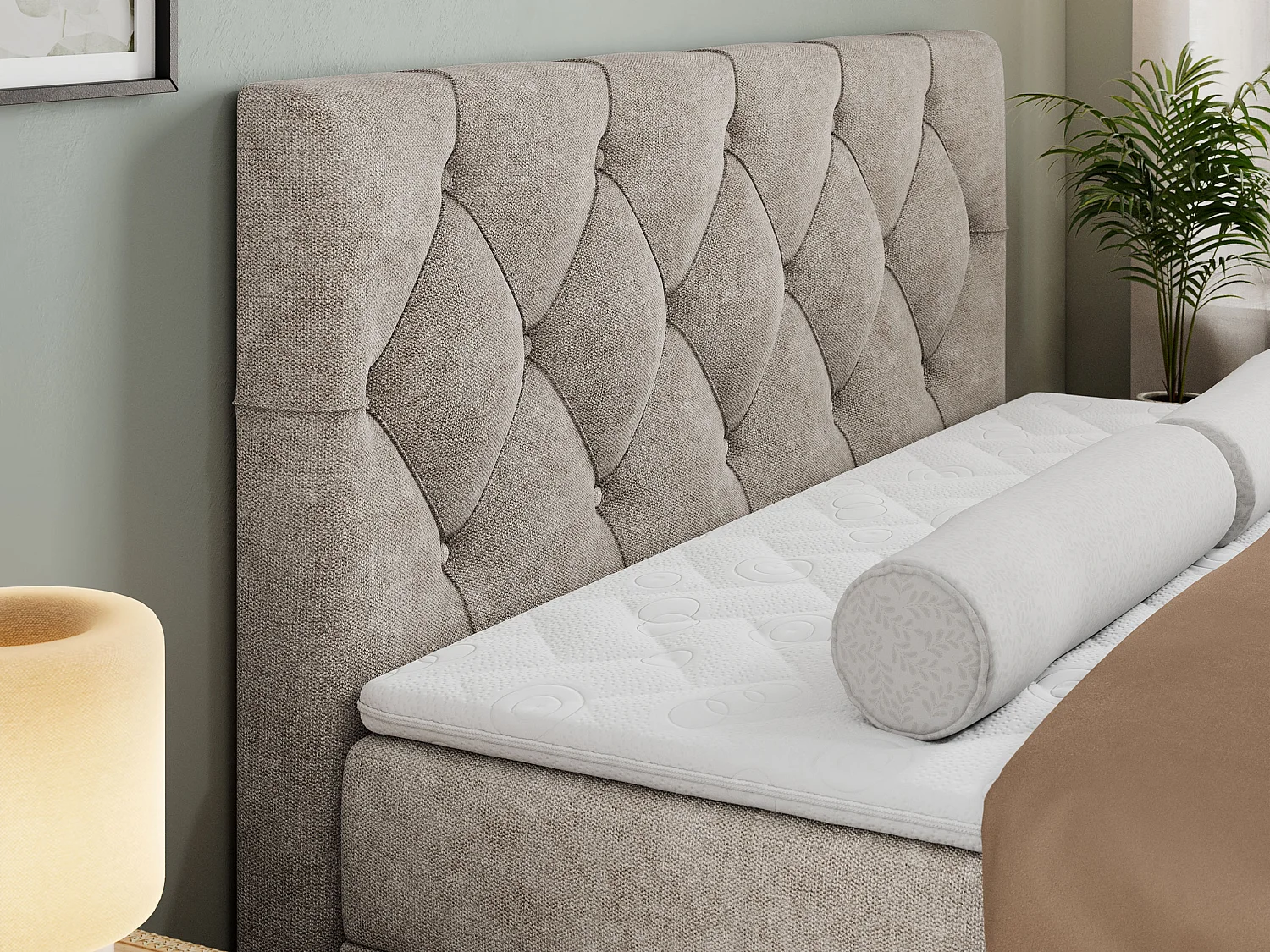 Lit boxspring avec 2 coffres - 2 matelas fermes + surmatelas mousse - Grège Tissu texturé - 200x200 - ROMA