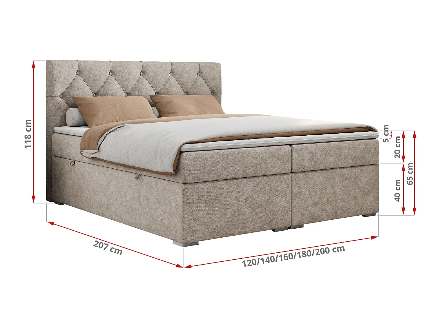 Lit boxspring avec 2 coffres - 2 matelas fermes + surmatelas mousse - Grège Tissu texturé - 200x200 - ROMA