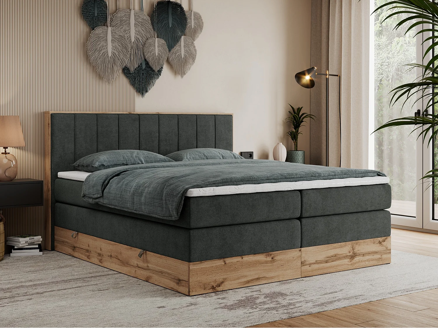 Boxspringbett BELLISSIMO KING - für Schlafzimmer, zwei Multipocket-Matratzen, Set mit Kopfteil und Topper, Holzrahmen - 160x200 cm - H3 - Dunkelgrau Strukture