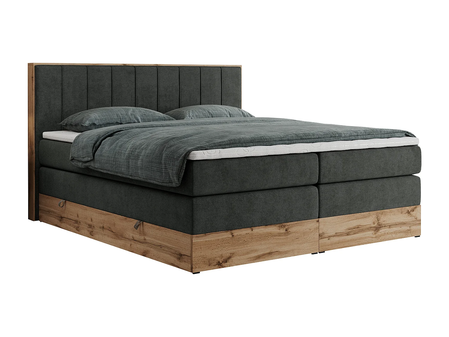 Boxspringbett BELLISSIMO KING - für Schlafzimmer, zwei Multipocket-Matratzen, Set mit Kopfteil und Topper, Holzrahmen - 160x200 cm - H3 - Dunkelgrau Strukture