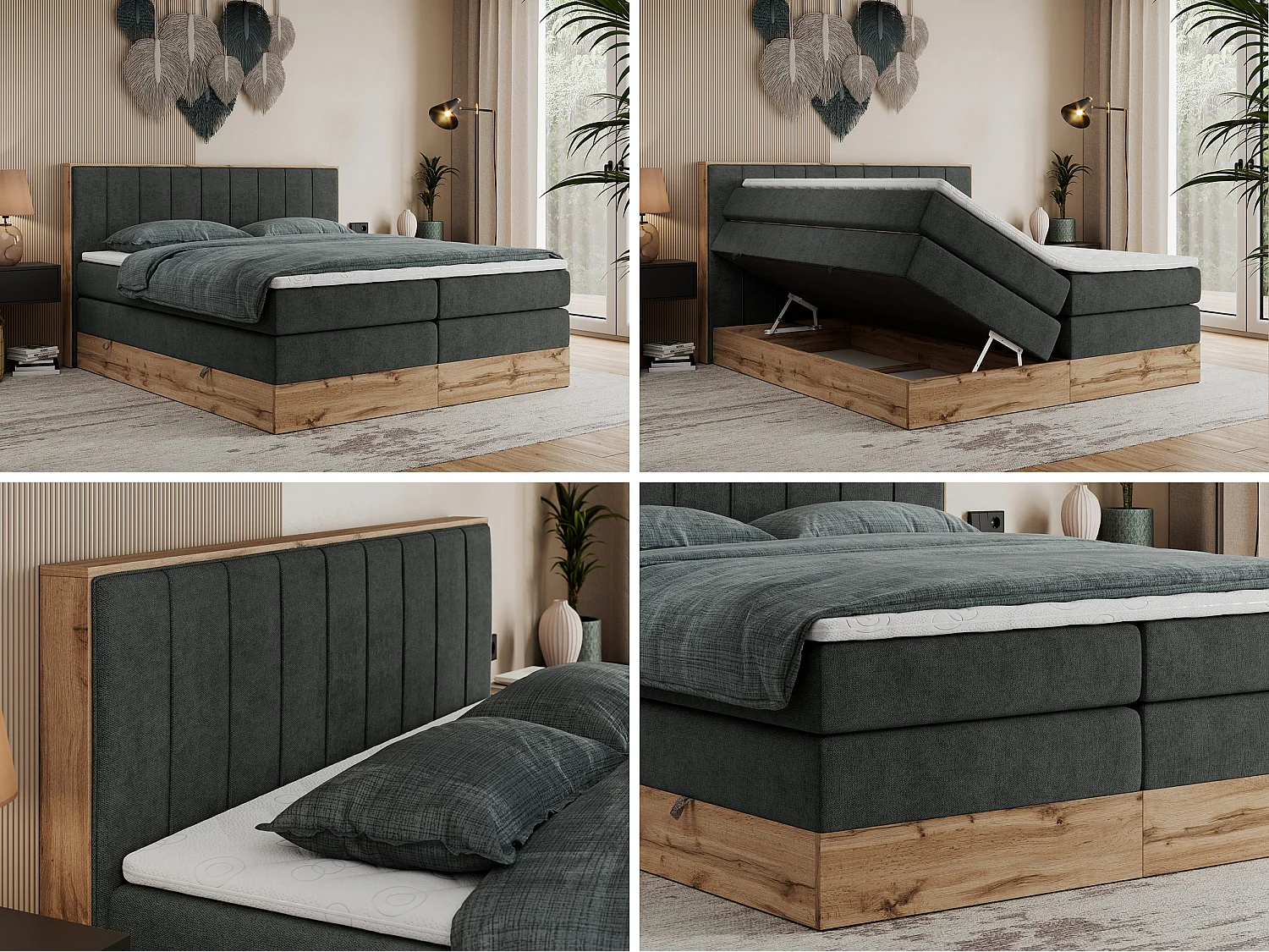 Boxspringbed met hoofdbord H4 + Topper T25 - Donkergrijs Structuurstof - 160x200 - BELLISSIMO KING