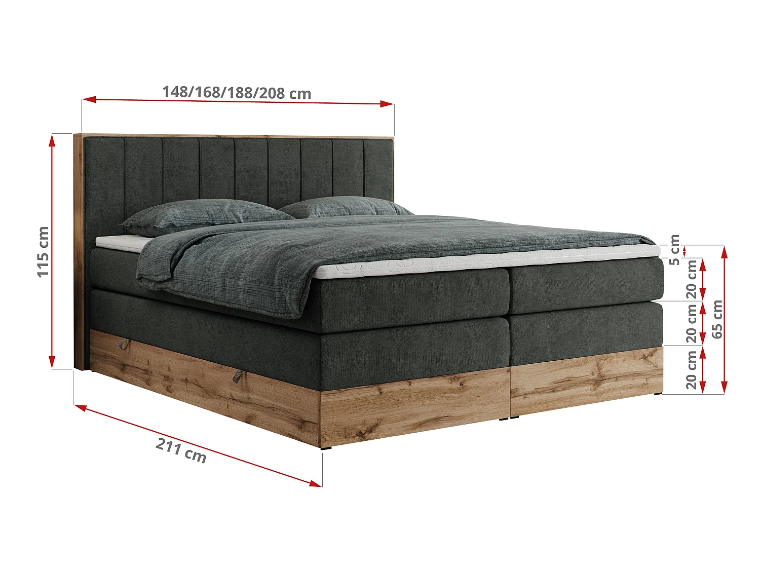 Boxspringbed met hoofdbord H4 + Topper T25 - Donkergrijs Structuurstof - 160x200 - BELLISSIMO KING