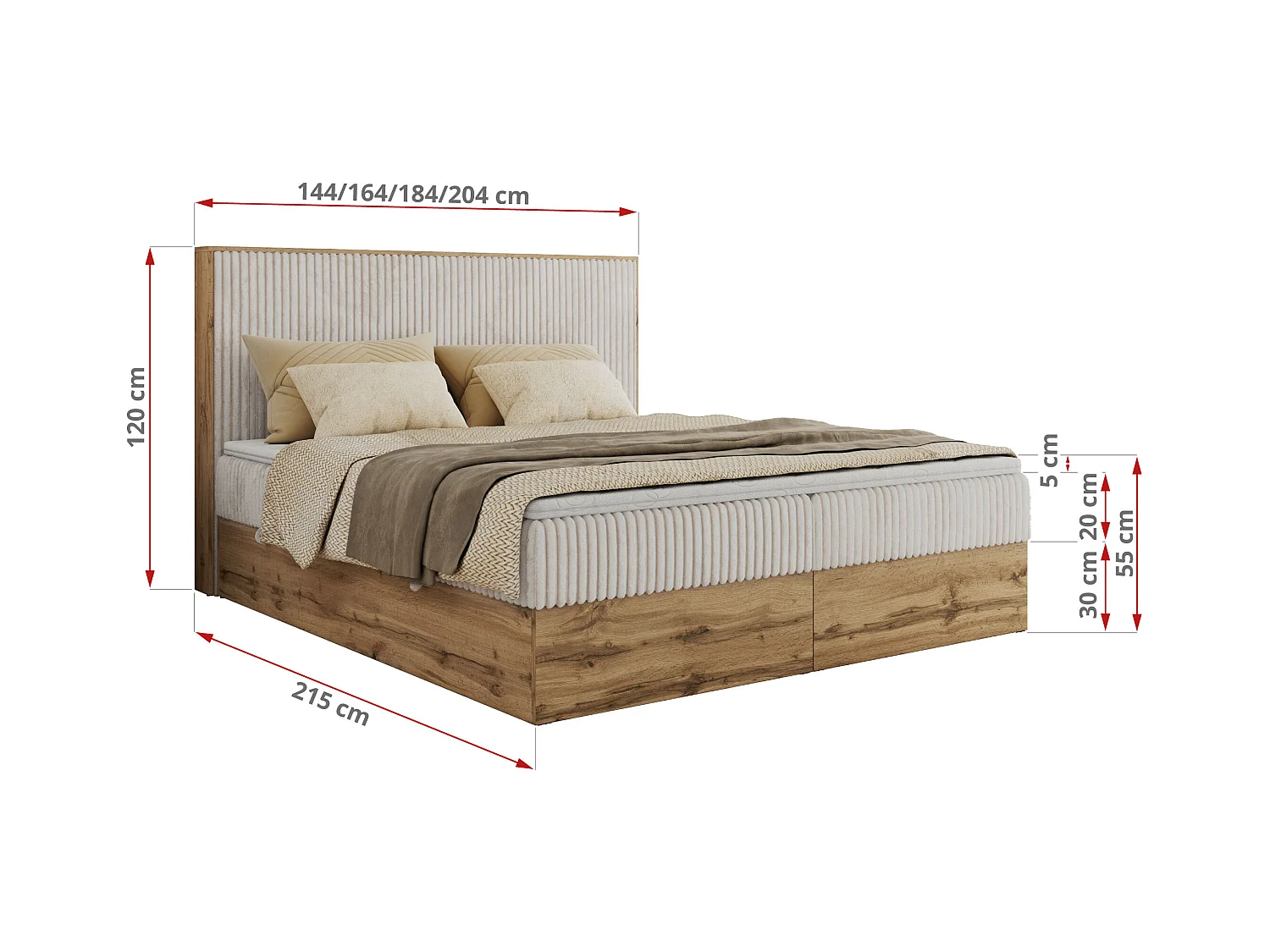 Boxspringbett WOOD CLASSIC - Doppelbett für Schlafzimmer, Set mit Multipocket-Matratze, Holzrahmen - 160x200 cm - H3 - Beige Cord