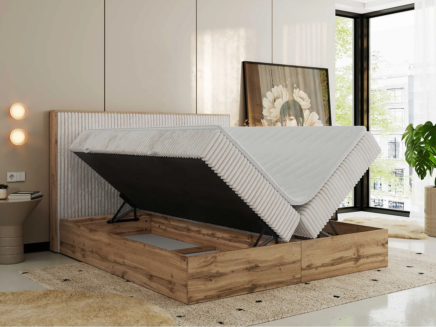 Boxspringbed met hoofdbord H3 + Topper T25 - Beige Ribstof - 160x200 - WOOD CLASSIC