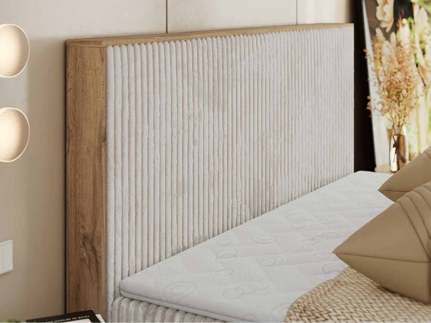 Boxspringbed met hoofdbord H3 + Topper T25 - Beige Ribstof - 160x200 - WOOD CLASSIC