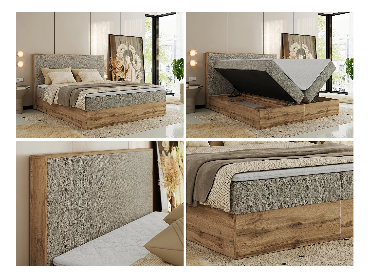 Boxspringbett WOOD CLASSIC - Doppelbett für Schlafzimmer, Set mit Multipocket-Matratze, Holzrahmen - 140x200 cm - H3 - Dunkelbeige Strukture