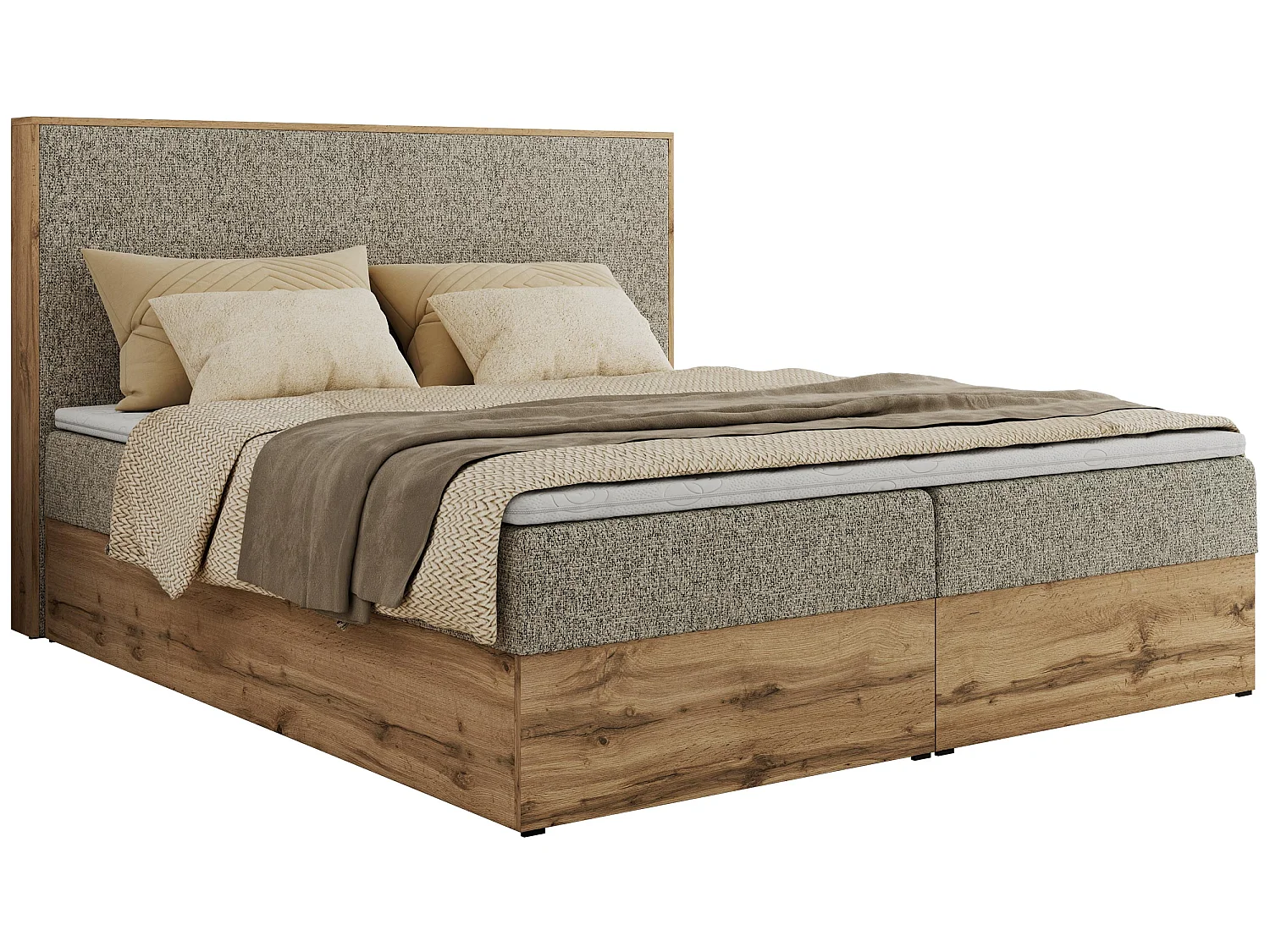 Lit boxspring - Dureté H3 + Topper T25 - Taupe Tissu texturé - 140x200 - WOOD CLASSIC