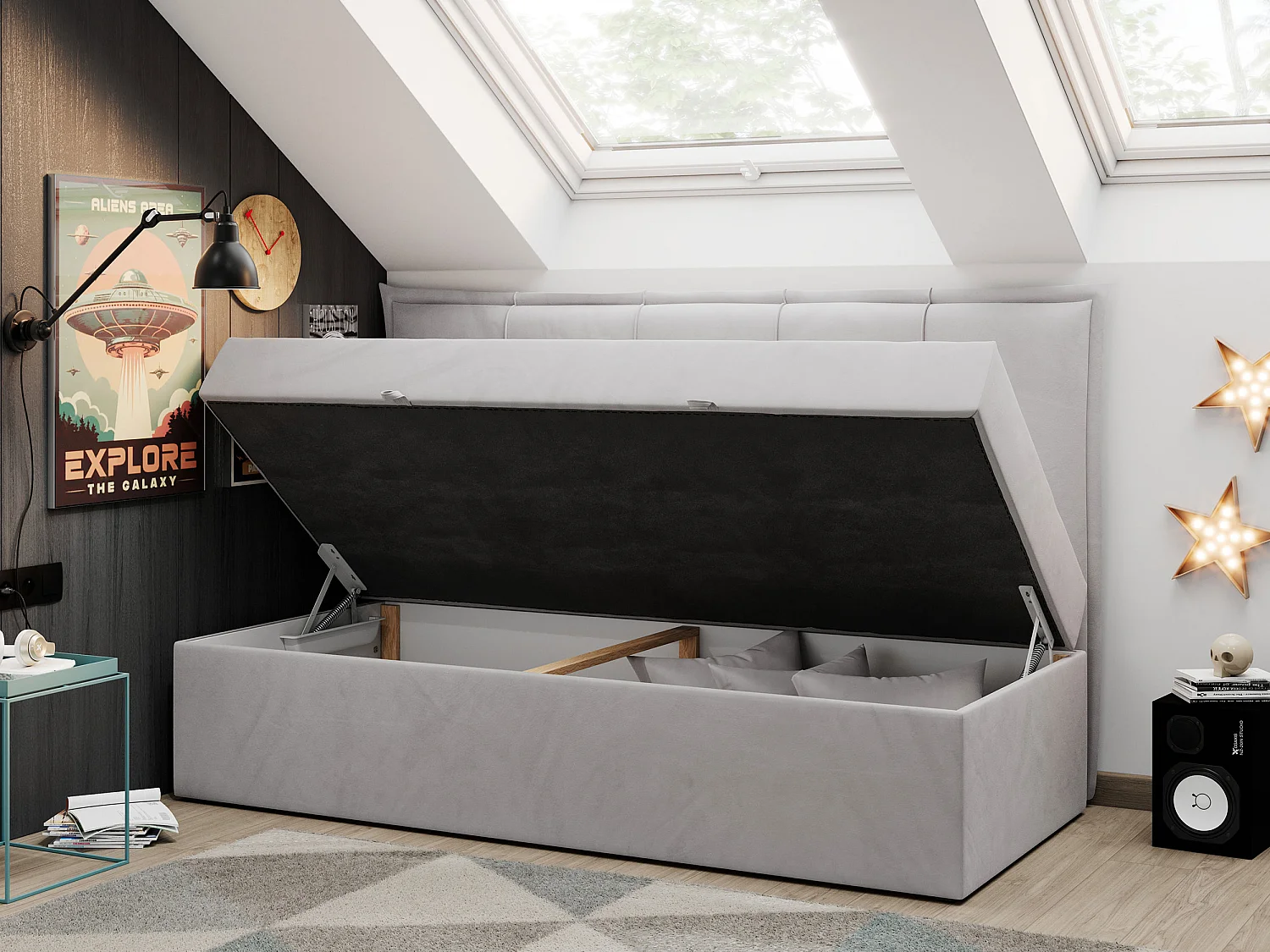 Kinderbett BANCO - Einzelbett für Jugendliche, Set mit Kopfteil und Matratze, Boxspringbett, Bettkasten - 90x200 cm - Hellgrau Velvet