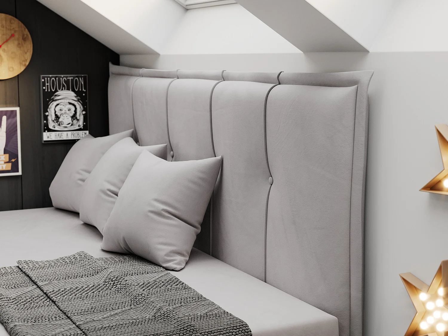 Kinderbett BANCO - Einzelbett für Jugendliche, Set mit Kopfteil und Matratze, Boxspringbett, Bettkasten - 90x200 cm - Hellgrau Velvet