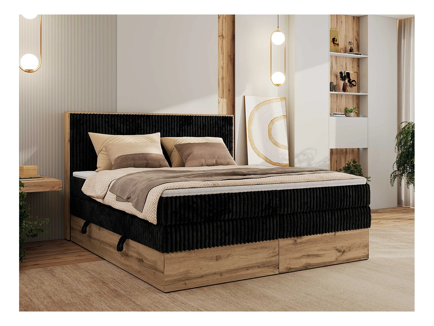 Boxspringbett WOOD CLASSIC KING - Polsterbett mit hohe Kopfteil, zwei Multipocket-Matratze, Bettkästen - 200x200 cm - H3 - Schwarz Cord
