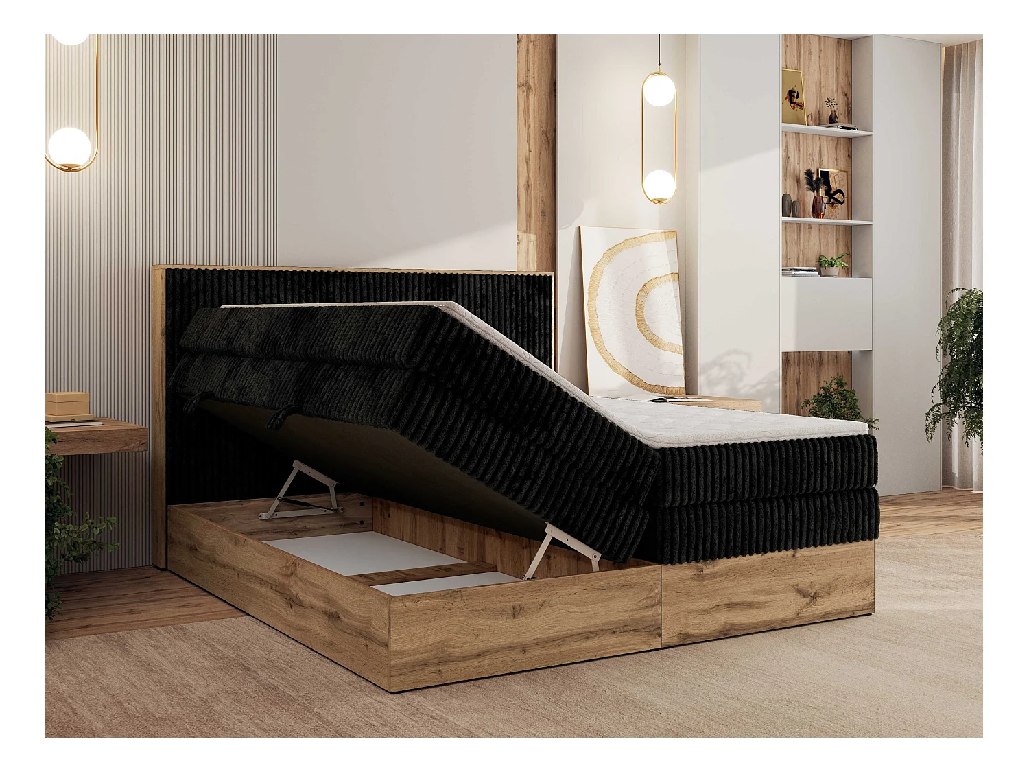 Boxspringbett WOOD CLASSIC KING - Polsterbett mit hohe Kopfteil, zwei Multipocket-Matratze, Bettkästen - 200x200 cm - H3 - Schwarz Cord
