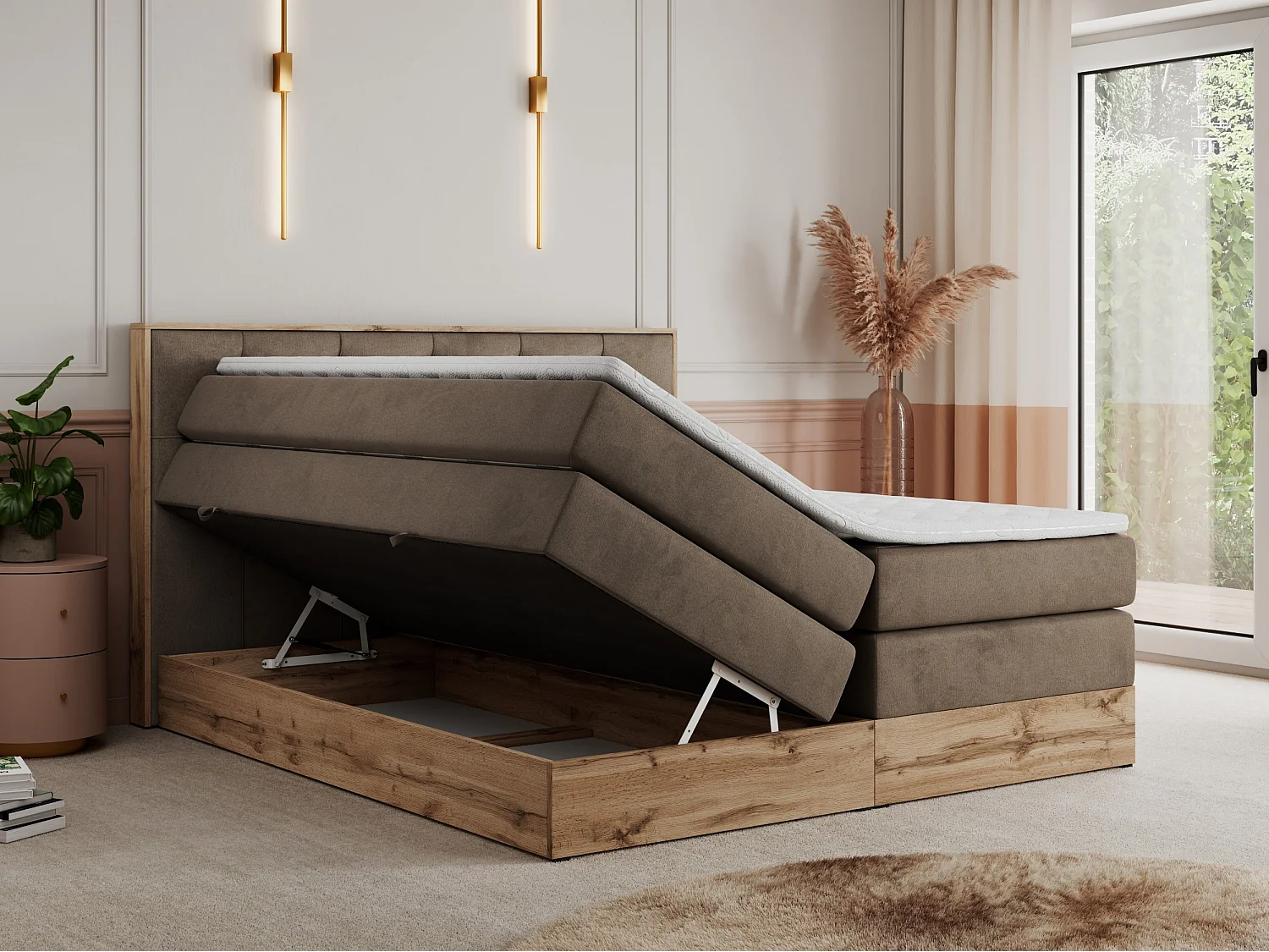 Boxspringbett VENETO KING - Polsterbett mit Multipocket-Matratzen und Kopfteil, Holzrahmen, zwei Bettkästen - 200x200 cm - H3 - Braun Velvet