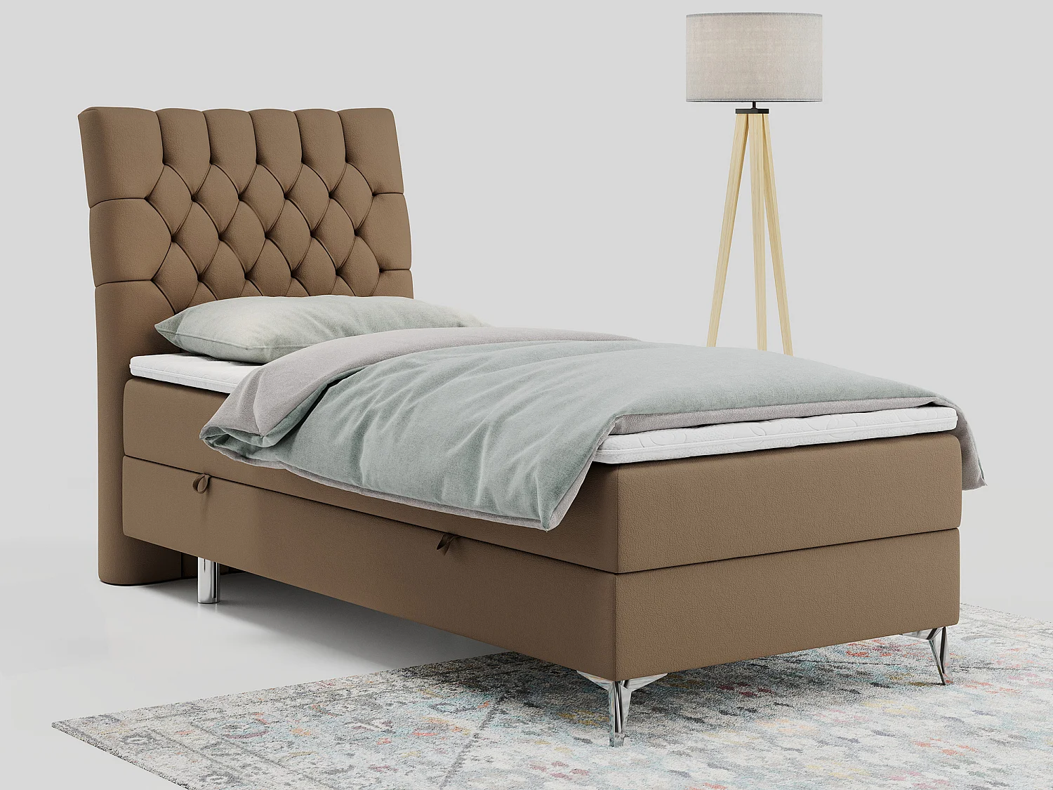 Boxspringbett MILEN - Polsterbett auf Metallbeine, Set mit Multipocket-Matratze, Gesteppte Kopfstütze - 90x200 cm - H4 - Braun Kunstleder - Links Seite