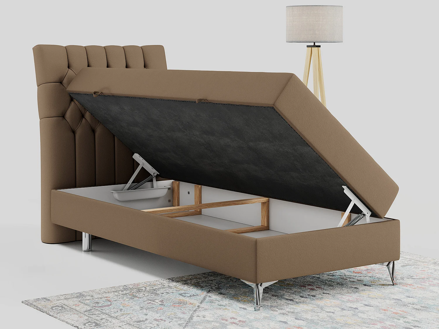 Boxspringbett MILEN - Polsterbett auf Metallbeine, Set mit Multipocket-Matratze, Gesteppte Kopfstütze - 90x200 cm - H4 - Braun Kunstleder - Links Seite