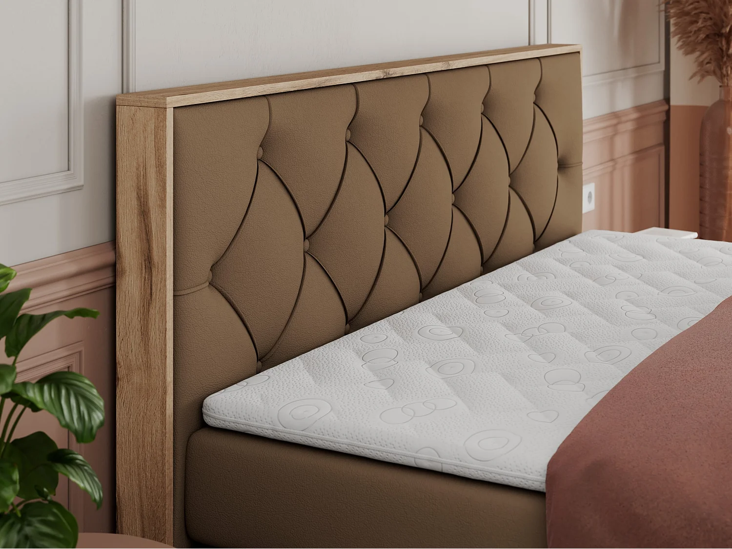 Boxspringbett VENETO KING - Polsterbett mit Multipocket-Matratzen und Kopfteil, Holzrahmen, zwei Bettkästen - 180x200 cm - H4 - Braun Kunstleder