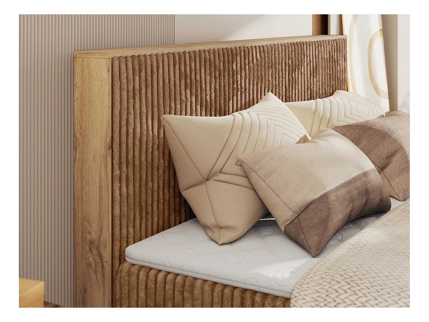 Boxspringbett WOOD CLASSIC KING - Polsterbett mit hohe Kopfteil, zwei Multipocket-Matratze, Bettkästen - 180x200 cm - H4 - Orange Cord