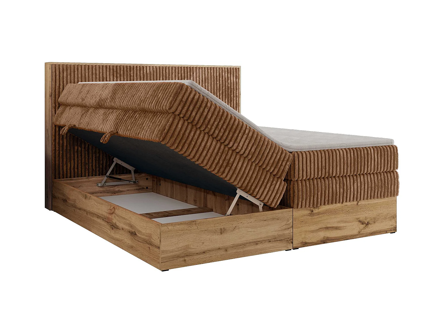 Boxspringbett WOOD CLASSIC KING - Polsterbett mit hohe Kopfteil, zwei Multipocket-Matratze, Bettkästen - 180x200 cm - H4 - Orange Cord