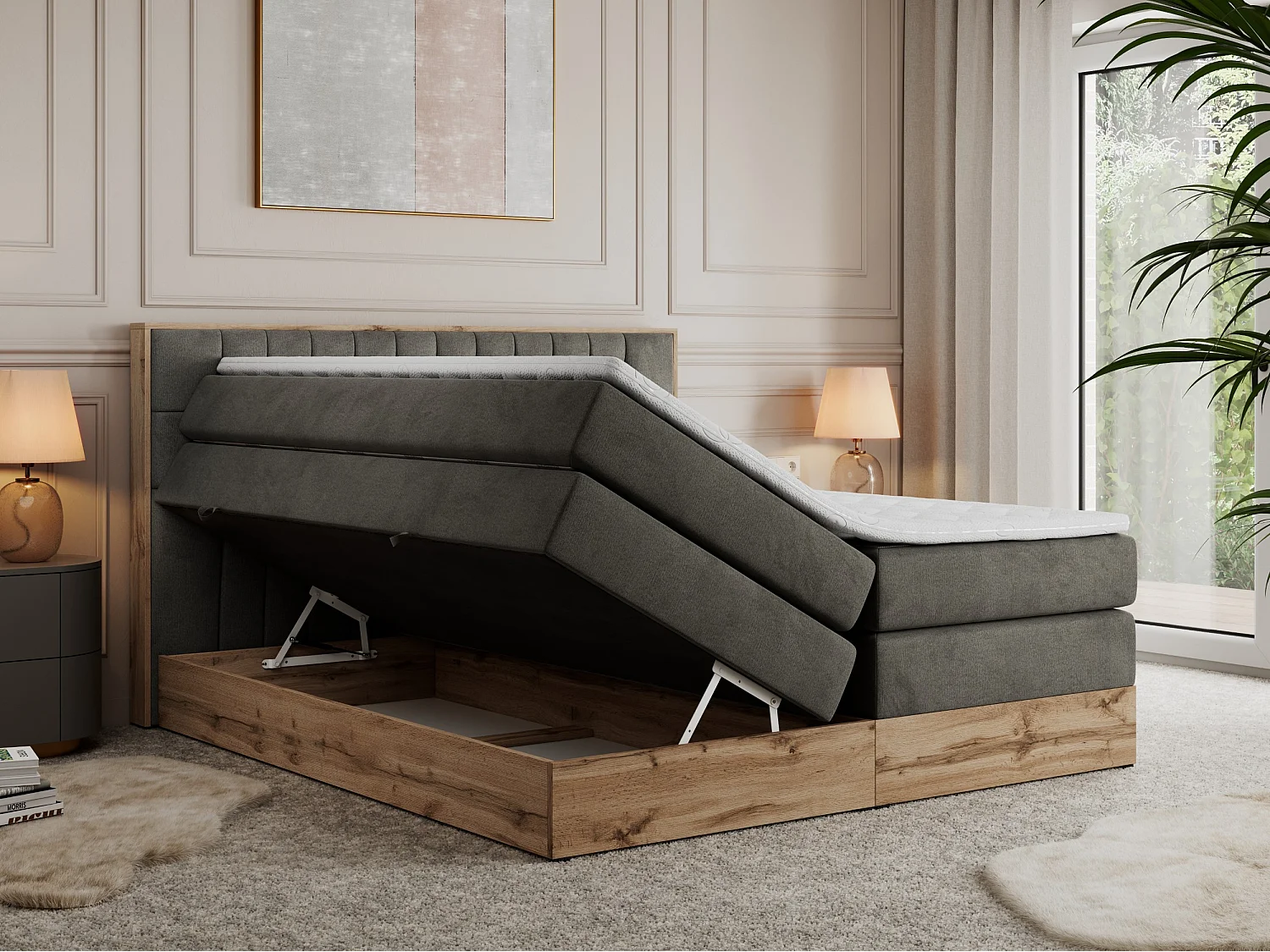 Boxspringbett AMORE KING - gesteppte Kopfstütze, Polsterbett mit zwei Multipocket-Matratzen, Holzrahmen - 180x200 cm - H4 - Dunkelgrau Velvet