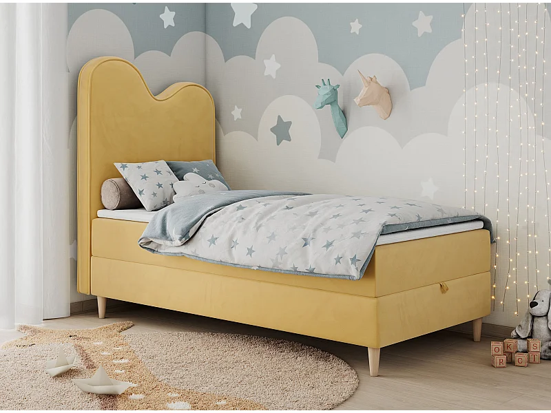 Kinderbett FLOW - Boxspringbett mit Stauraum, Einzelbett für Jugendliche, Bettkasten und hohe Kopfteil - 90x180 cm - Gelb Velvet