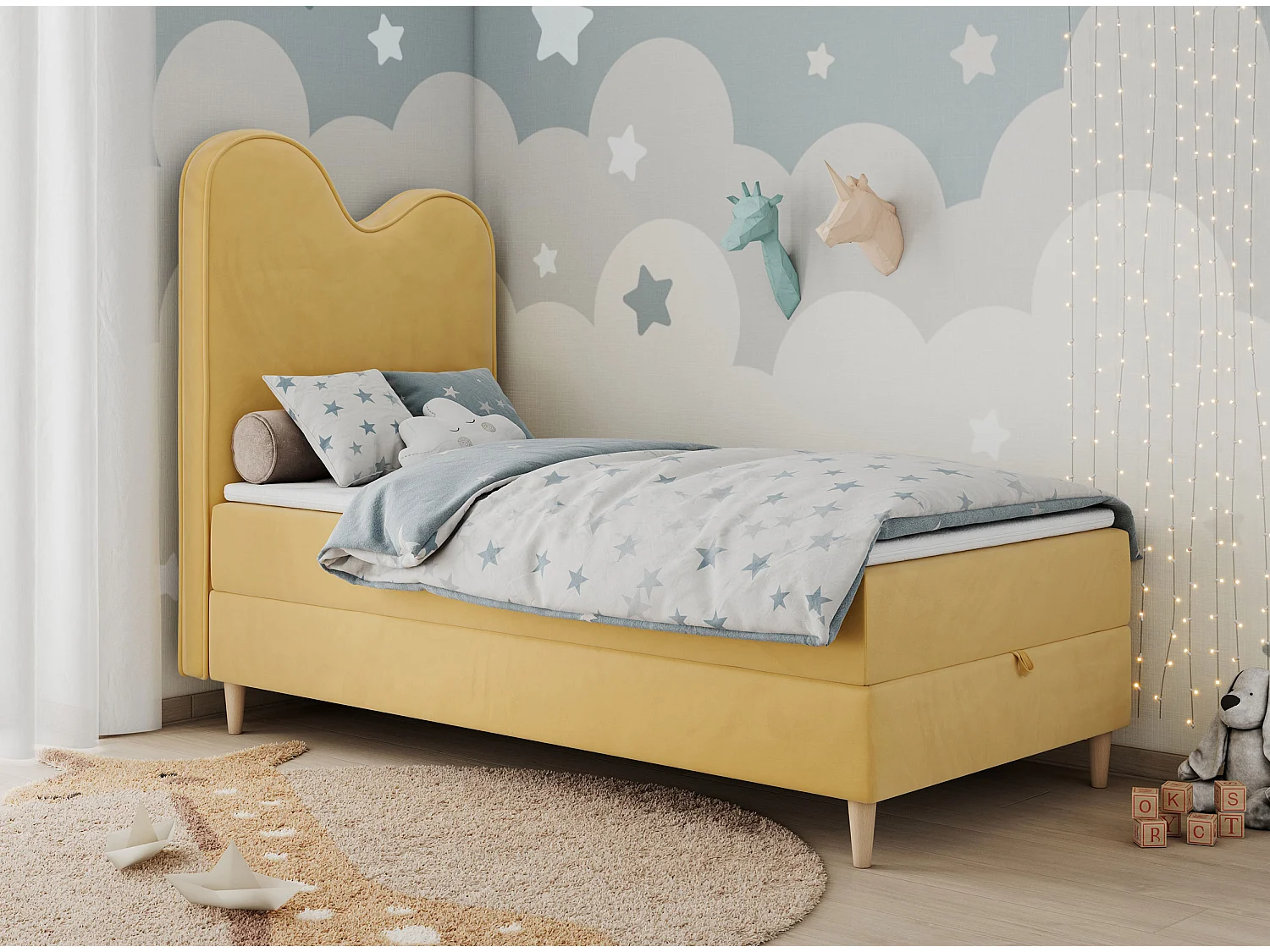 Kinderbett FLOW - Boxspringbett mit Stauraum, Einzelbett für Jugendliche, Bettkasten und hohe Kopfteil - 90x180 cm - Gelb Velvet