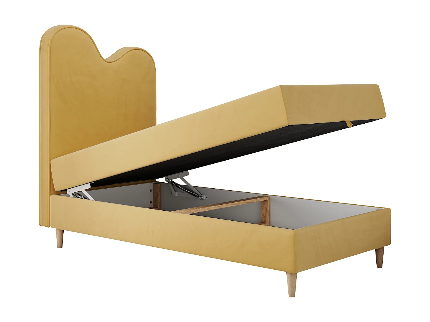 Kinderbett FLOW - Boxspringbett mit Stauraum, Einzelbett für Jugendliche, Bettkasten und hohe Kopfteil - 90x180 cm - Gelb Velvet