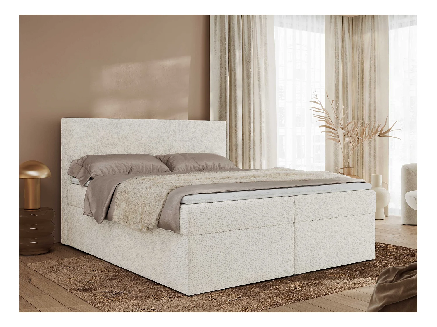 Boxspringbett JAGUAR - Doppelbett mit Multipocket-Matratze und Topper, Struktur dekostoff, zwei Bettkästen - 200x200 cm - H3 - Creme Struktur