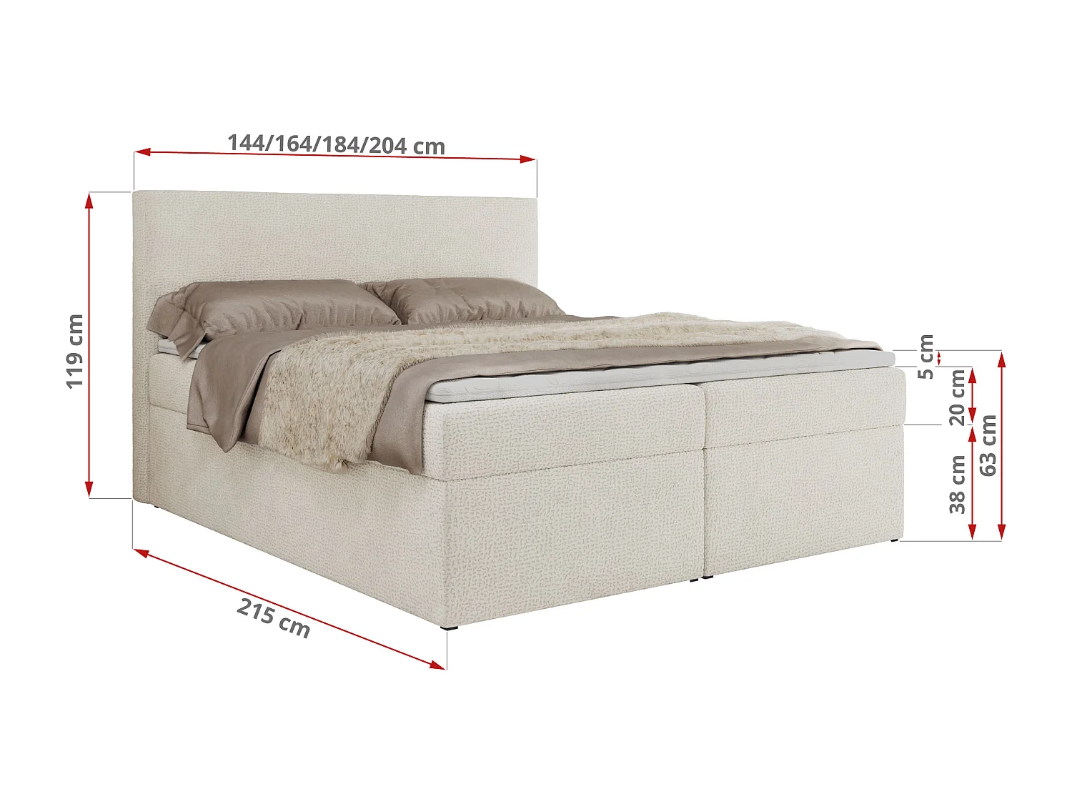 Boxspringbett JAGUAR - Doppelbett mit Multipocket-Matratze und Topper, Struktur dekostoff, zwei Bettkästen - 200x200 cm - H3 - Creme Struktur
