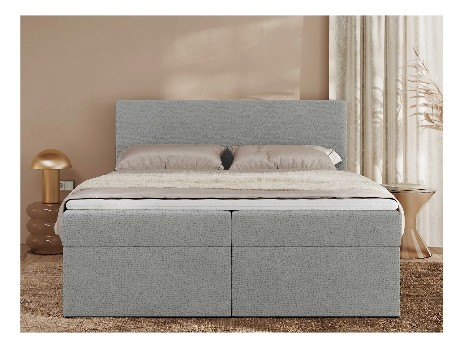 Boxspringbett JAGUAR - Doppelbett mit Multipocket-Matratze und Topper, Struktur dekostoff, zwei Bettkästen - 200x200 cm - H3 - Hellgrau Struktur