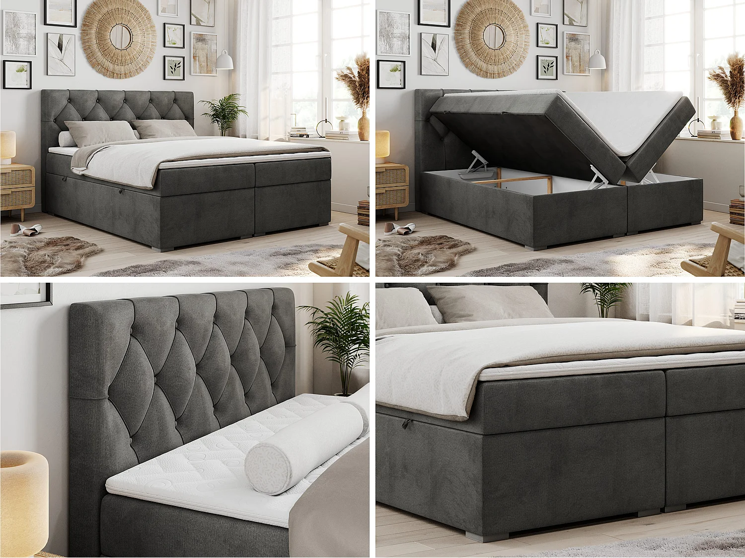 Boxspringbed met hoofdbord H4 + Topper T25 - Donkergrijs Fluweel - 120x200 - ROMA