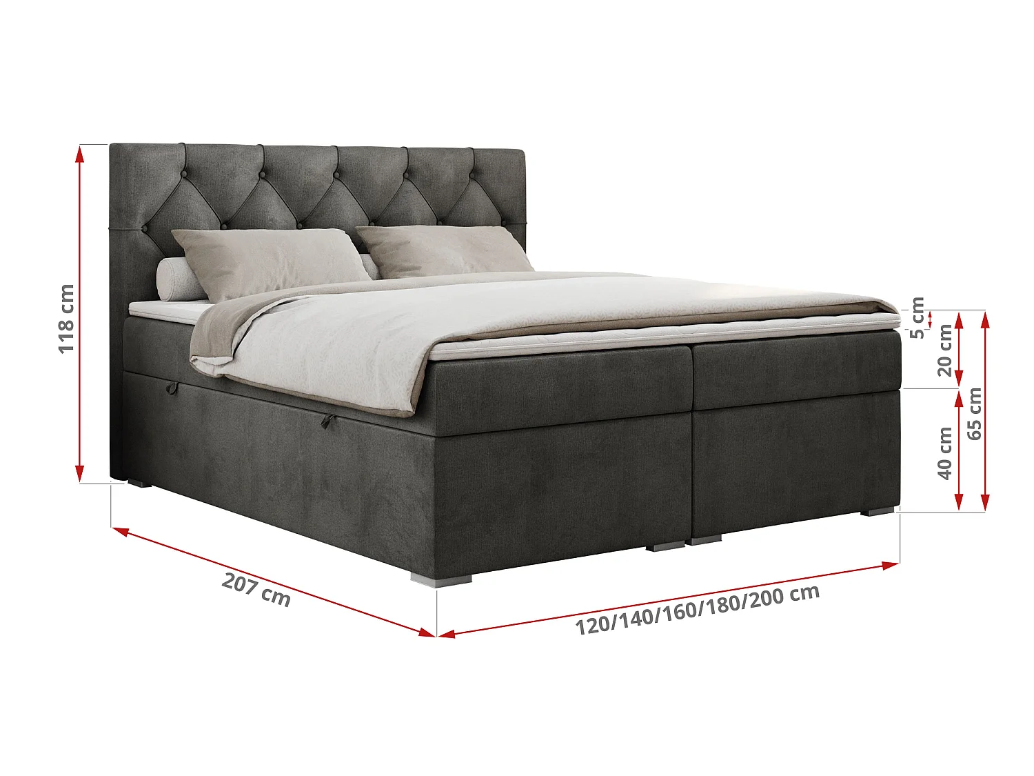 Boxspringbed met hoofdbord H4 + Topper T25 - Donkergrijs Fluweel - 120x200 - ROMA