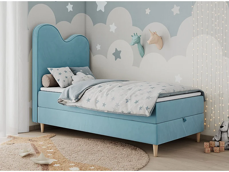 Kinderbett FLOW - Boxspringbett mit Stauraum, Einzelbett für Jugendliche, Bettkasten und hohe Kopfteil - 90x180 cm - Blau Velvet