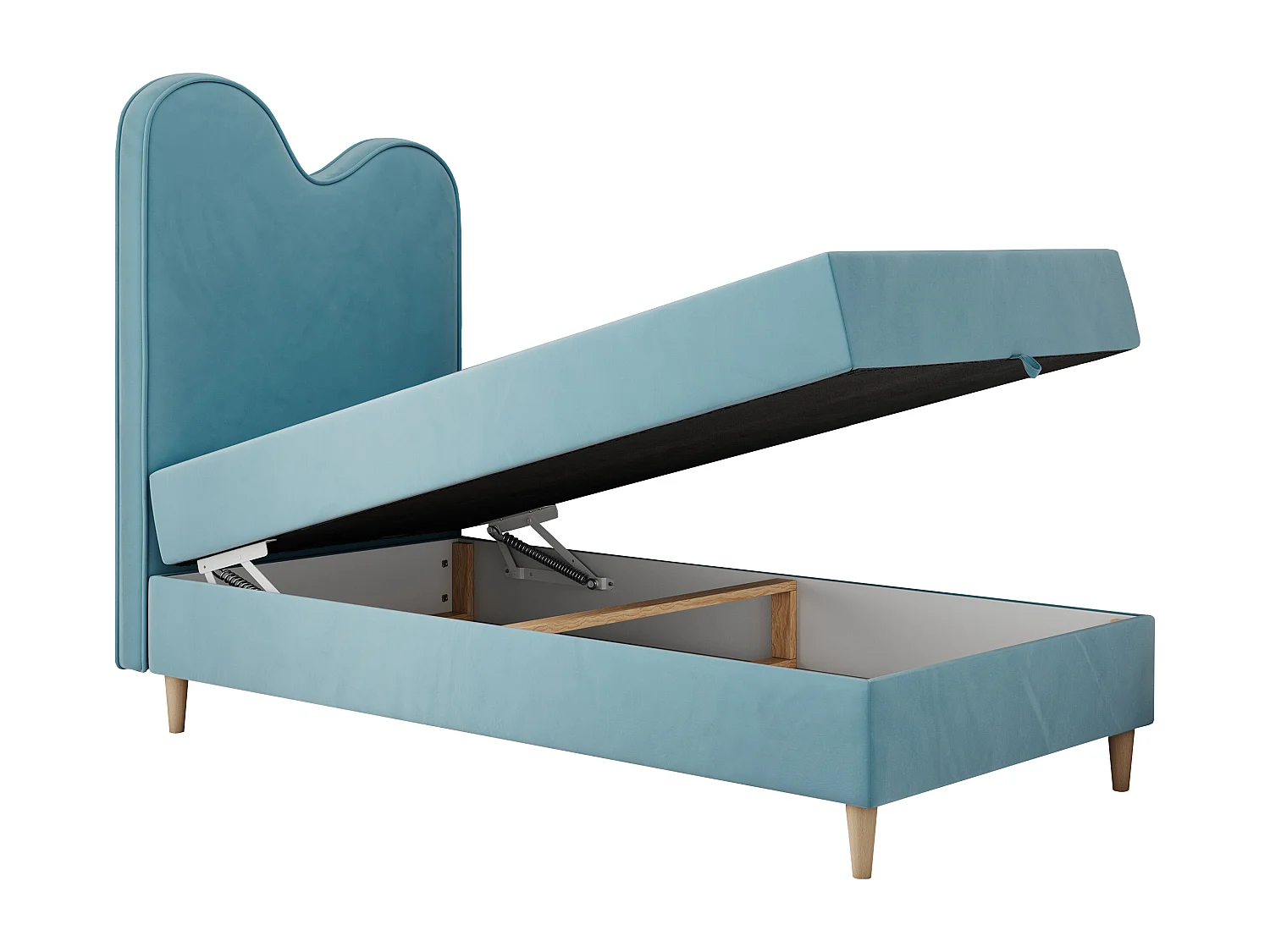 Kinderbett FLOW - Boxspringbett mit Stauraum, Einzelbett für Jugendliche, Bettkasten und hohe Kopfteil - 90x180 cm - Blau Velvet